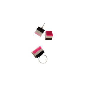 Three-colored Cubical Stud Earrings and Ring Set